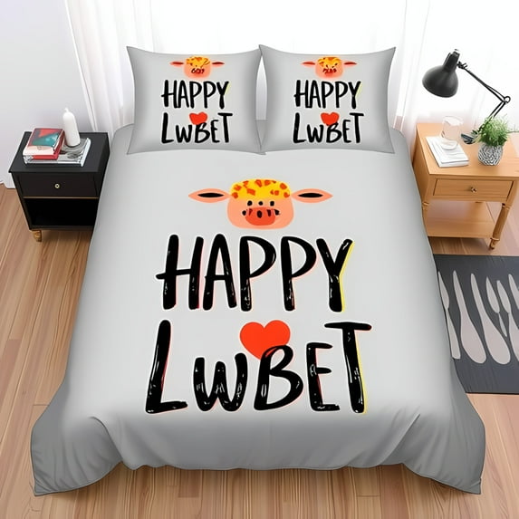 3-Piece Gray Duvet Cover Set with Playful Smiling Pig Design & 'HAPPY LUBET' Text - Cozy Modern Bedding for Adults