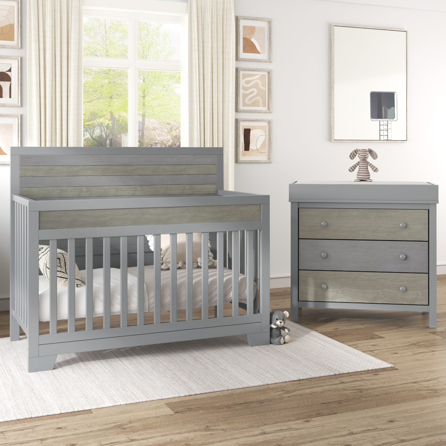 3Piece Gray Nursery Set Baby Crib, Changer Dresser, Removable