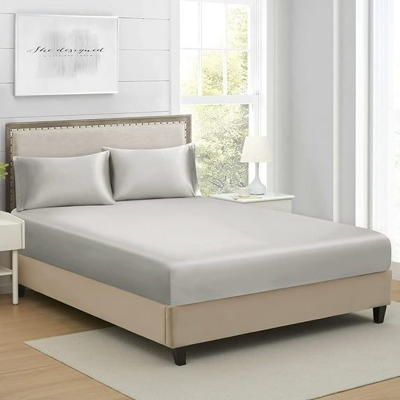 3 Piece Gray Silky Satin Bed Sheets Twin with Deep Pockets, Luxury Silk Feel Satin Twin Size Sheet Set Bedding Set (1 Flat Sheet,1 Fitted Sheet,1 Pillow case)