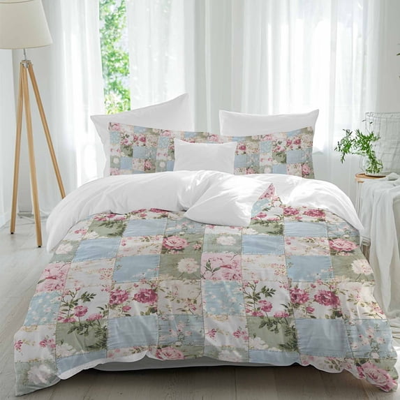 3 Piece Green Blue Pink Botanical Duvet Cover Set Full Size, Microfiber Comforter/Quilt Cover with Corner Ties and 2 Pillowcases, Spring Floral Vintage All Season Soft Bedding with Zipper Closure