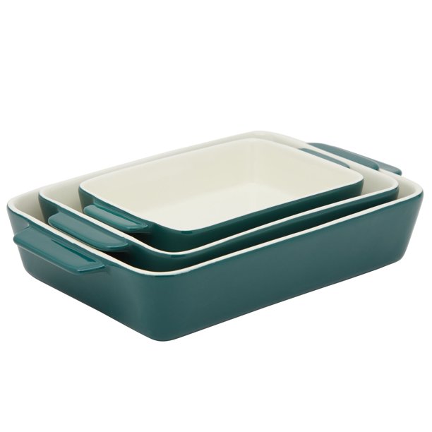 3 Piece Green Casserole Dishes for Oven Use, Baking, Rectangular Ceramic Bakeware Set in