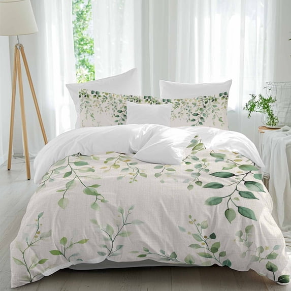 3 Piece Green Eucalyptus Duvet Cover Set Queen Size,Microfiber Comforter/Quilt Cover with Corner Ties and 2 Pillowcases,Country Nature Leaf Succulent Plant All Season Soft Bedding with Zipper Closure