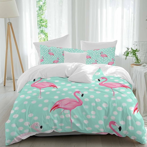 3 Piece Green Flamingo Duvet Cover Set Twin Size, Microfiber Comforter/Quilt Cover with Corner Ties and 2 Pillowcases, Polka Dot Modern Art All Season Soft Bedding with Zipper Closure
