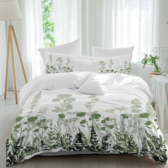 3 Piece Green Floral Duvet Cover Set Full Size,Microfiber Comforter/Quilt Cover with Corner Ties and 2 Pillowcases,Spring Flowers Herb Silhouette Farmhouse All Season Soft Bedding with Zipper Closure