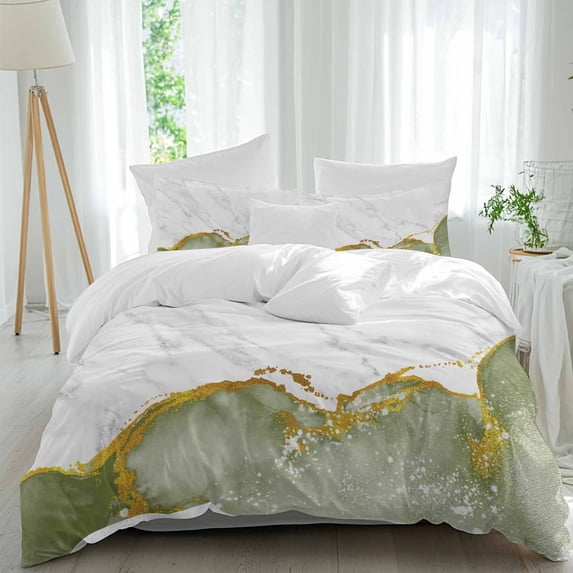 3 Piece Green Gold Marble Duvet Cover Set California King,Microfiber Comforter/Quilt Cover with Corner Ties and 2 Pillowcases,Modern Abstract Marble Crack Texture Soft Bedding with Zipper Closure