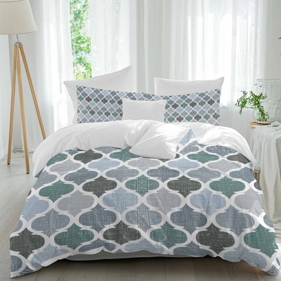 3 Piece Green Grey Morocco Pattern Duvet Cover Set California King,Microfiber Comforter/Quilt Cover with Corner Ties and 2 Pillowcases,Turquoise Modern Moroccan Geometric Bedding with Zipper Closure