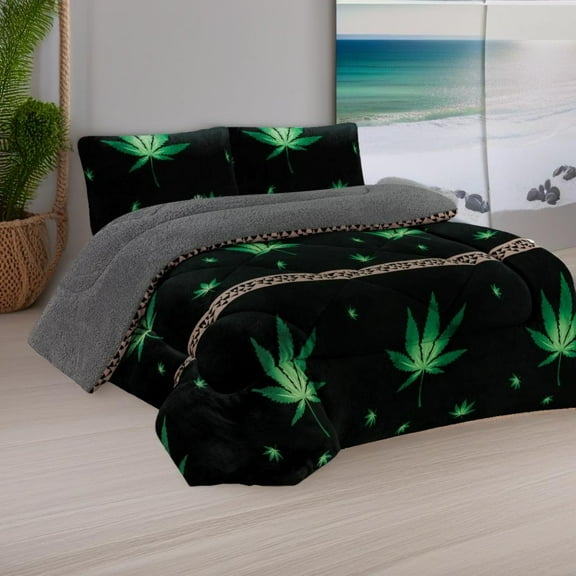 3-Piece Green Leaf Design Raschel Borrego Blanket Set with Sherpa Lining - Double Ply, Super Soft, Warm, Thick, and Heavy Duty Plush Blanket with 2 Pillow Shams, (8lb, 86.6x94.5 inches),Cal King