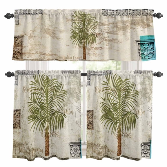 3 Piece Green Palm Tree Kitchen Curtain Valance and Tiers Set Rustic Summer Palm Leaf Tropical Botanical Vintage Floral Rod Pocket Tier Curtain 24 Inch Small Window Drapes for Living Room Bedroom