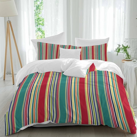 3 Piece Green Red Striped Duvet Cover Set California King, Microfiber Comforter/Quilt Cover with Corner Ties and 2 Pillowcases, Farmhouse Colorful Stripes All Season Soft Bedding with Zipper Closure