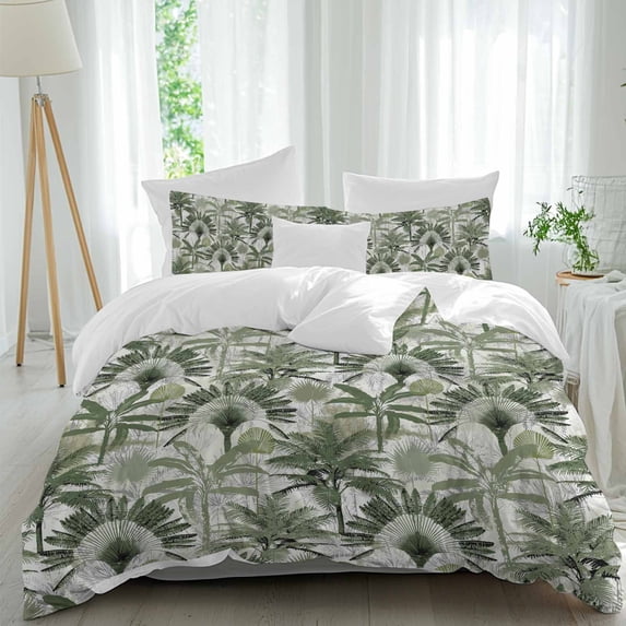 3 Piece Green Tropical Leaves Duvet Cover Set Queen Size, Microfiber Comforter/Quilt Cover with Corner Ties and 2 Pillowcases, Summer Palm Trees Botanical All Season Soft Bedding with Zipper Closure