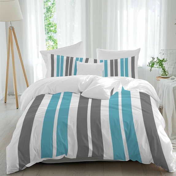 3 Piece Grey Aqua Stripes,Duvet Cover Set California King,Microfiber Comforter/Quilt Cover with Corner Ties and 2 Pillowcases,Abstract Contemporary Minimalist Geometric Bedding with Zipper Closure