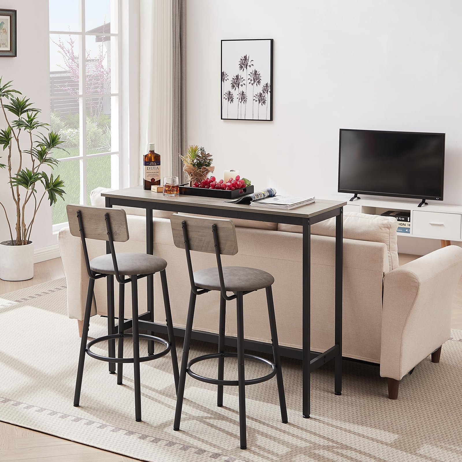 3 Piece Grey Bar Table Set with 2 PU Upholstered Backrest Bar Stools, 43.31" L Counter Dining Table with Adjustable Foot Pads, Space Saving Breakfast Bar Set for Small Kitchen Living Room