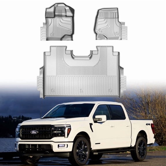 3-Piece Grey Carbon Fiber TPE Floor Mats for Ford F150 SuperCrew 2015-2025 & 2022-2025 Lightning (Rear: No Fold Flat Storage) | 1st & 2nd Rows, Non-Vinyl Material