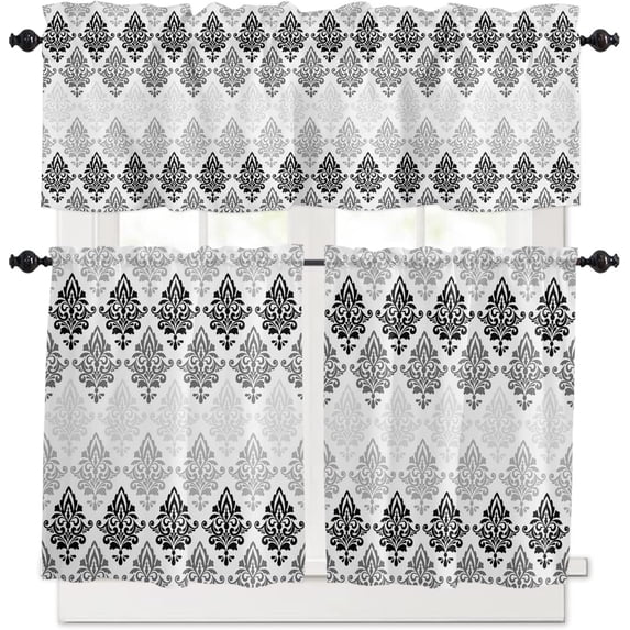 3 Piece Grey Floral Gradient Kitchen Curtains, Tier and Valance Rod Pocket Window Curtains Set Baroque Victorian Vintage Cafe Curtains for Kitchen Valances Window Treatment 54X18in+27x36in×2