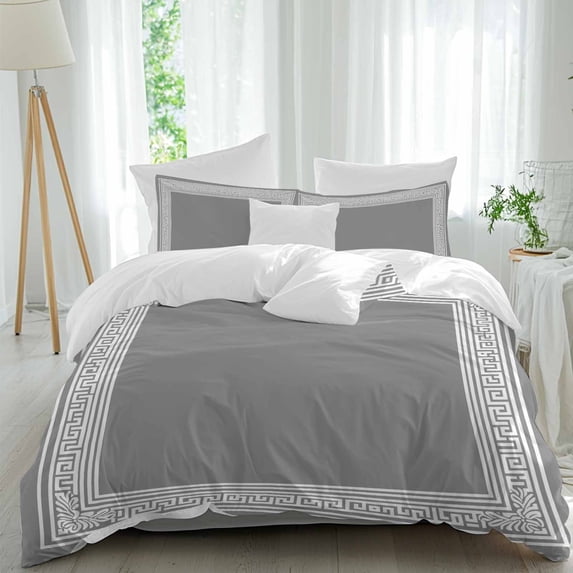 3 Piece Grey Geometric Duvet Cover Set Queen Size,Microfiber Comforter/Quilt Cover with Corner Ties and 2 Pillowcases,Bohemia Tribal Farm Tribal Patterned All Season Soft Bedding with Zipper Closure