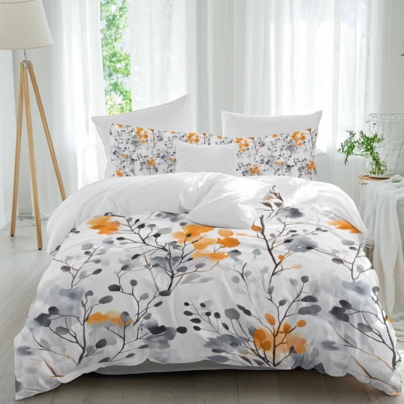 3 Piece Grey Orange Spring Floral Duvet Cover Set Queen Size,Microfiber Comforter/Quilt Cover with Corner Ties and 2 Pillowcases,Summer Botanical Farmhouse All Season Soft Bedding with Zipper Closure