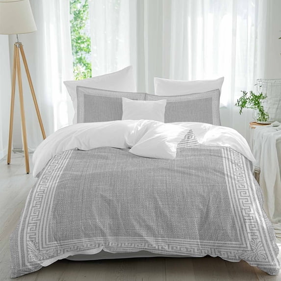 3 Piece Grey Retro Greek Key Duvet Cover Set Full Size,Microfiber Comforter/Quilt Cover with Corner Ties and 2 Pillowcases,Geometric Greece Ancient Rustic All Season Soft Bedding with Zipper Closure