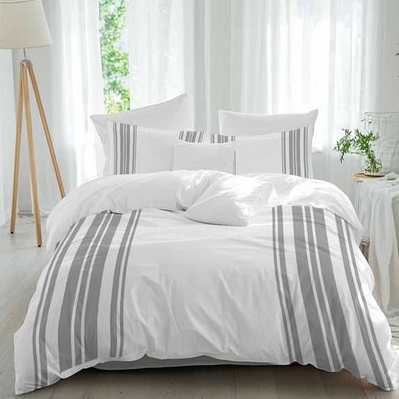 3 Piece Grey Striped Duvet Cover Set Queen Size,Microfiber Comforter/Quilt Cover with Corner Ties and 2 Pillowcases,Modern White Striped Abstract Art Aesthetics All Season Bedding with Zipper Closure