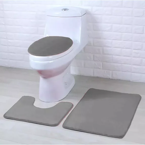 3 Piece Grey Ultra Soft Thick Memory Foam Non-Slip Absorbent Bathroom Bath Mat Set