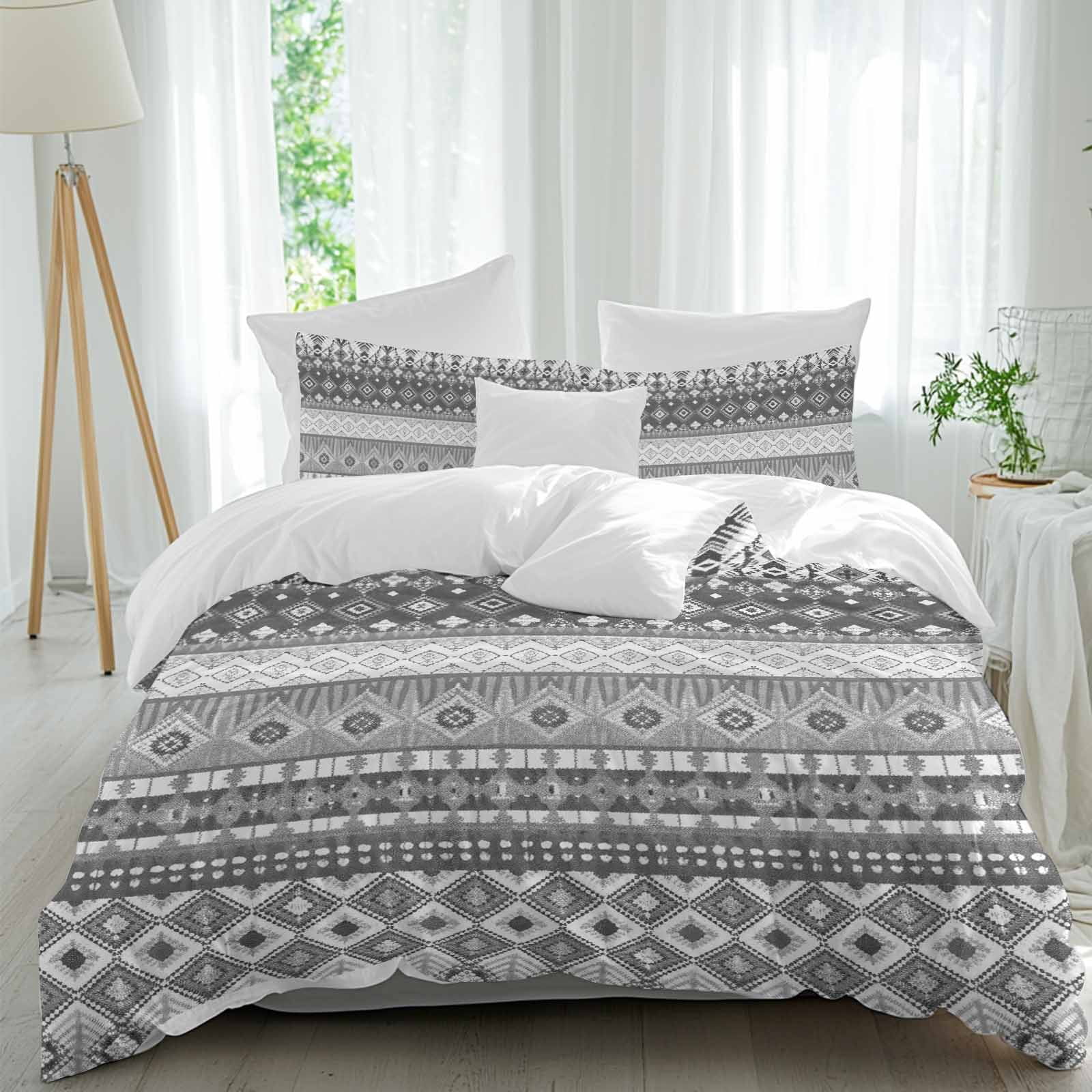 3 Piece Grey White Boho Duvet Cover Set California King,Microfiber ...