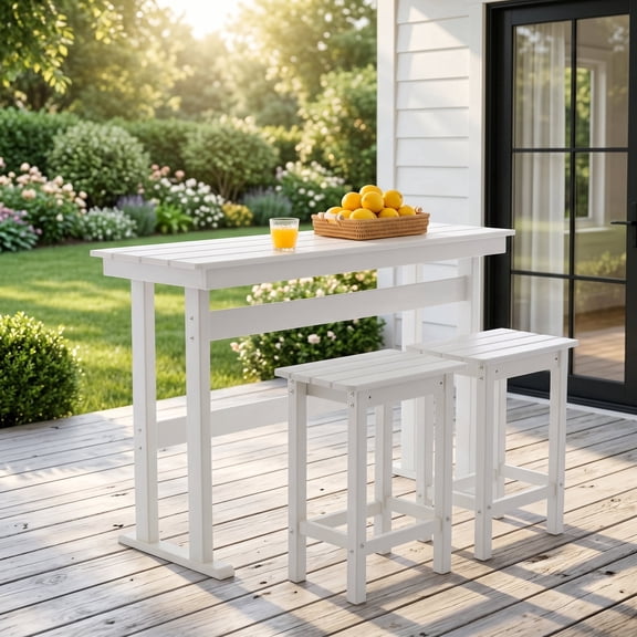 3 Piece HDPE Outdoor Bar Table and Chairs Set of 2 Includes High Top Patio Table and Chairs, Outside Patio Bar Set (White, 3 Piece)