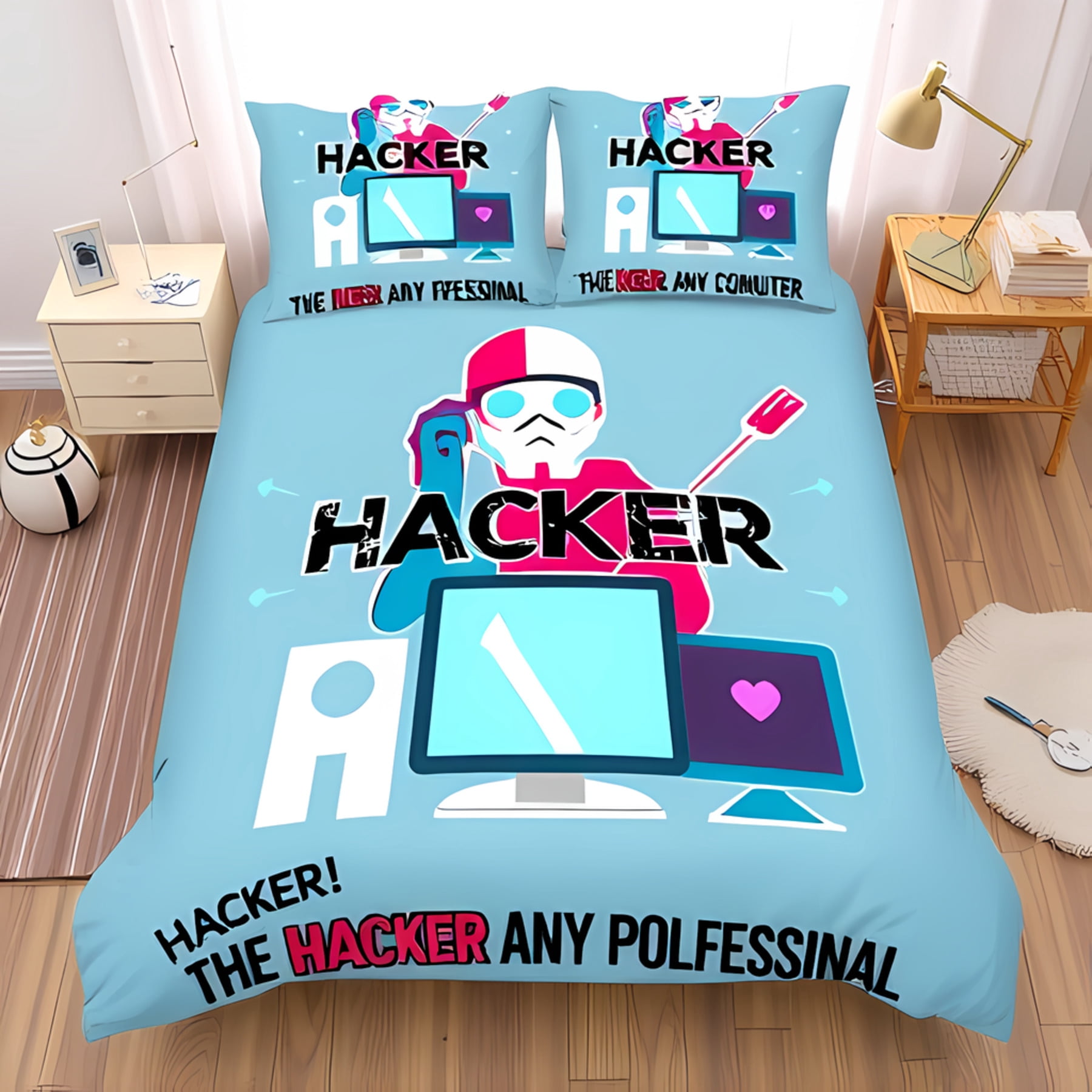 3-Piece Hacker Duvet Cover Set - Fun Cartoon Design with Playful Hacker ...