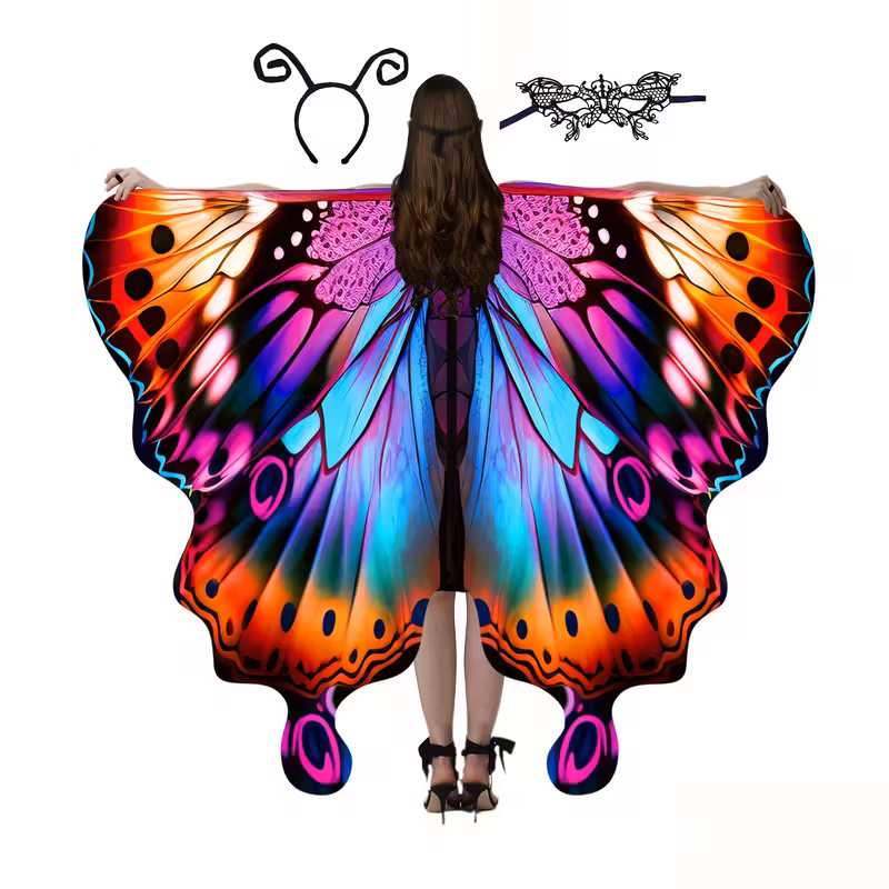 TEAMD 3-Piece Halloween Butterfly Costume Set for Women - Adult Wings Cape with Lace Mask and Antenna Headband Purple