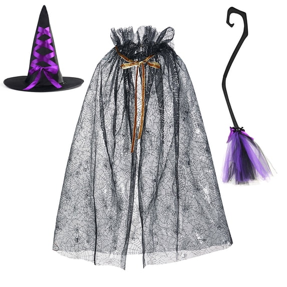 3-Piece Halloween Costume Set with Spider Web Mesh Cape Witch Hat and Wizard Broom for Role Play Carnival Stage Performance Party Props Accessory One Size