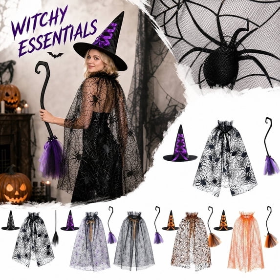 3-Piece Halloween Costume Set with Spider Web Mesh Cape Witch Hat and Wizard Broom for Role Play Carnival Stage Performance Party Props Accessory One Size