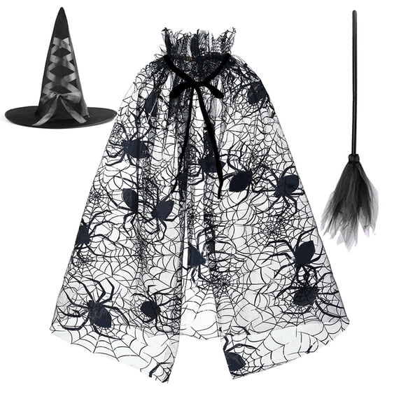 3-Piece Halloween Costume Set with Spider Web Mesh Cape Witch Hat and Wizard Broom for Role Play Carnival Stage Performance Party Props Accessory One Size