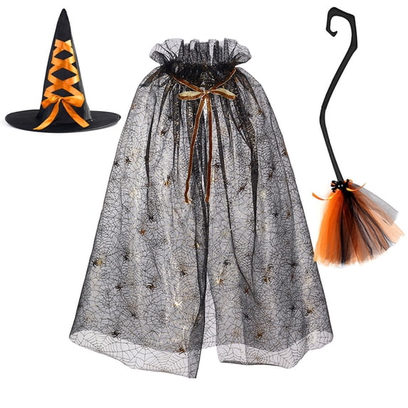 3-Piece Halloween Costume Set with Spider Web Mesh Cape Witch Hat and Wizard Broom for Role Play Carnival Stage Performance Party Props Accessory One Size
