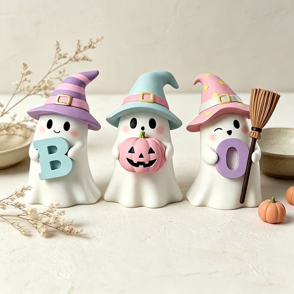 3 Piece Halloween Ghost Figurine Set,3.7 Inch Resin Clay Style Ceramic Look Tabletop Decor,Cute Mantel Shelf Halloween Decorations