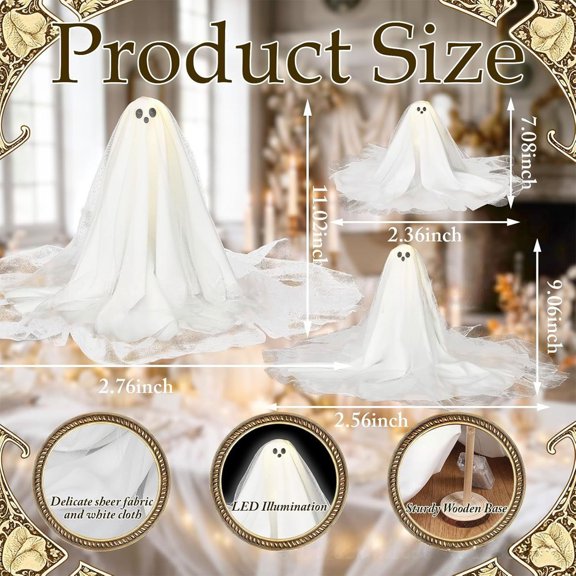 3-Piece Halloween Light Up Ghost Table Decorations with Battery Operated LED Glowing Wedding Dress Ghost with Wooden Bases for Halloween Tabletop Mantel Dining Room Home Decor