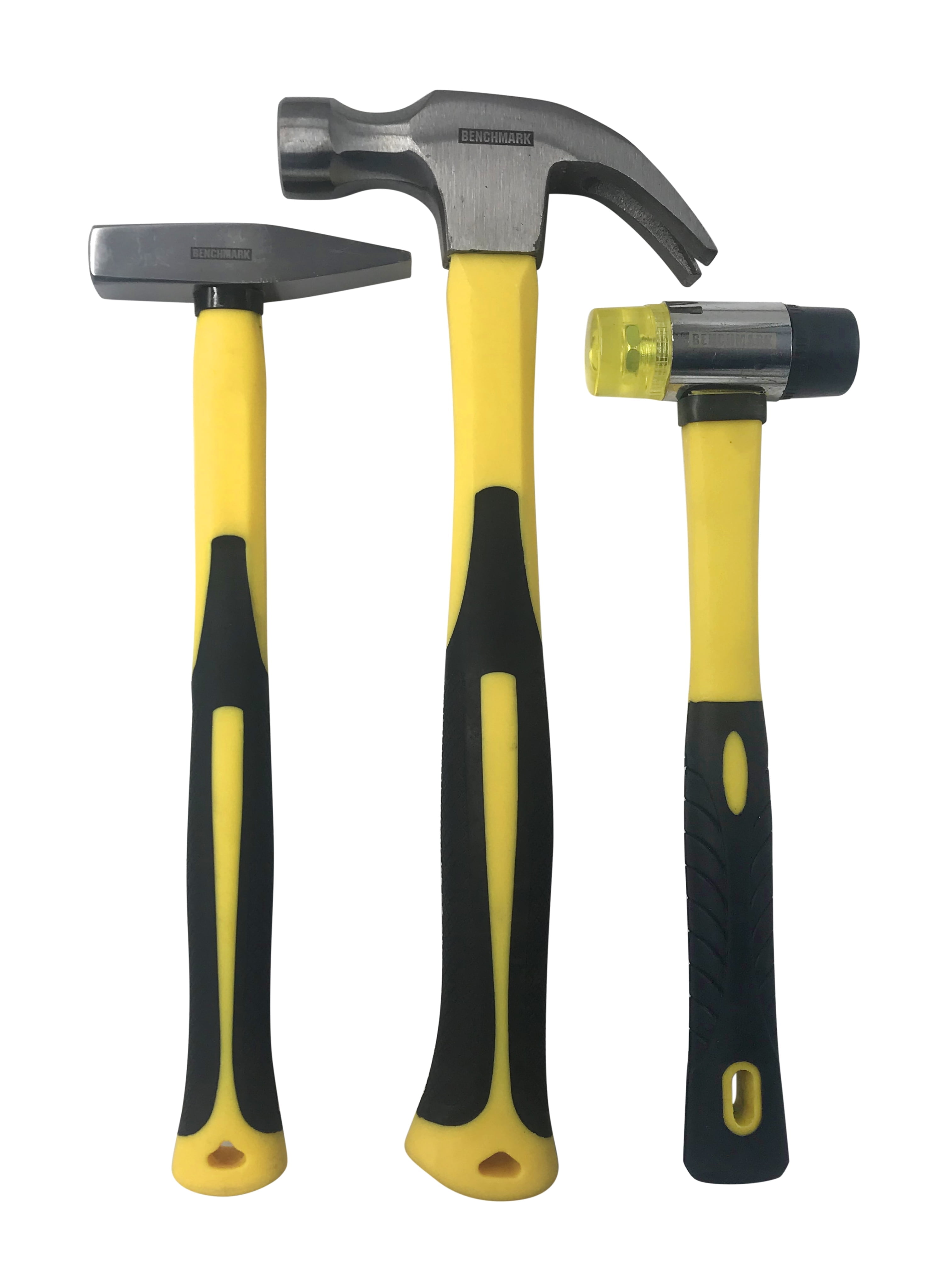 3 Piece Hammer Set; 16 OZ. Claw Hammer, Tack Hammer; Rubber Mallet; Shock Absorbing Rubber Grips, Durable Fiberglass Handles