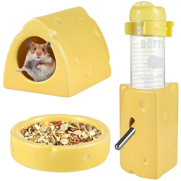 3-Piece Hamster Hideout Set, Cream Bread Ceramic Hamster Nest with Food Bowl & Drinking Feeder, Cute Animal Houses, Hamster Accessories for Small Gerbils, Guinea Pigs
