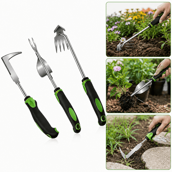 3 Piece Weed Puller Hand Weeding Tool Set, Stainless Steel Garden Weeder with Non Slip Rubber Handles for Lawn, Flower Beds, Patio Weed Removal