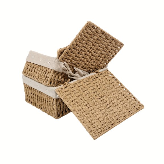 3-Piece Handcrafted Woven Rattan Storage Baskets, Vintage Rustic Style Organizer for Toiletries and Personal Care Items, Versatile Decorative Bin for Home, Dorm, Bedroom, or Office Shelf Display