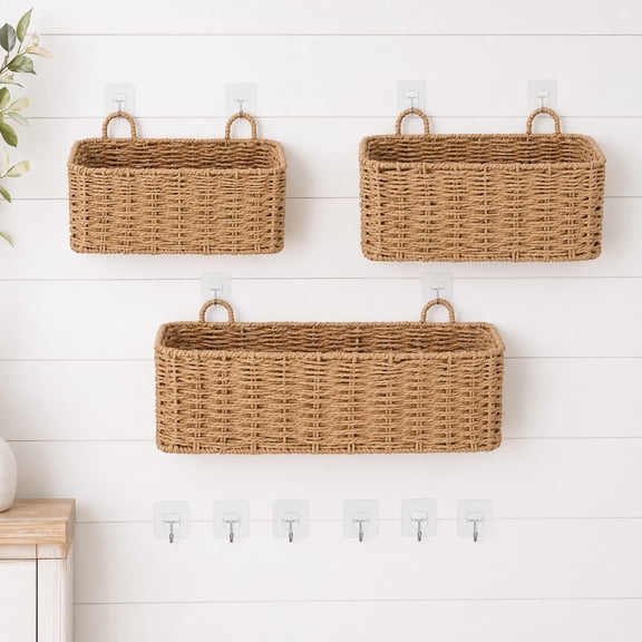 3-Piece Handwoven Hanging Wall Baskets, Premium Paper Rope Woven Nesting Storage Organizers, Aesthetic Boho Cottagecore Rectangular Storage Bins for Bathroom, Kitchen, Pantry & Entryway