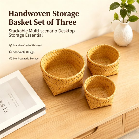 3-Piece Handwoven Storage Basket Set | Perfect for Kitchen Snacks, Bathroom Makeup, and Desk Clutter, Easy to Clean & Space-Saving | Boho Home Decor, Looks Stunning in Bedrooms or Entryways