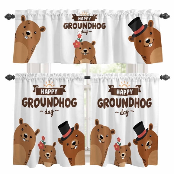 3 Piece Happy Ground Day Kitchen Curtain Valance and Tiers Set Country Cartoon Floral Hat Groundhogs Rod Pocket Tier Curtain 24 Inch Small Window Drapes for Living Room Bedroom Cafe Home Decor