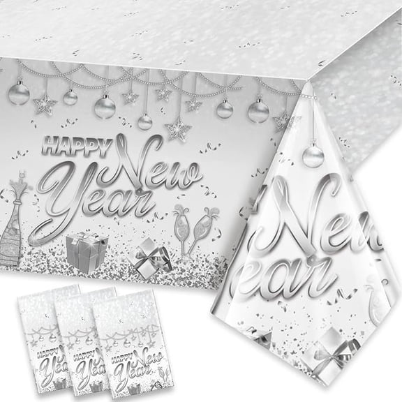 3 Piece Happy New Year Tablecloths 2027 Silver Disposable Plastic