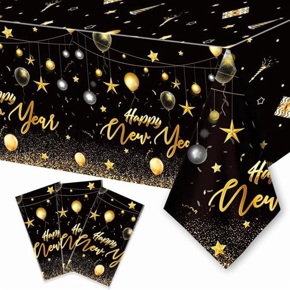 3 Piece Happy New Year Tablecloths Black Gold Disposable Plastic 108 x 54 Inches