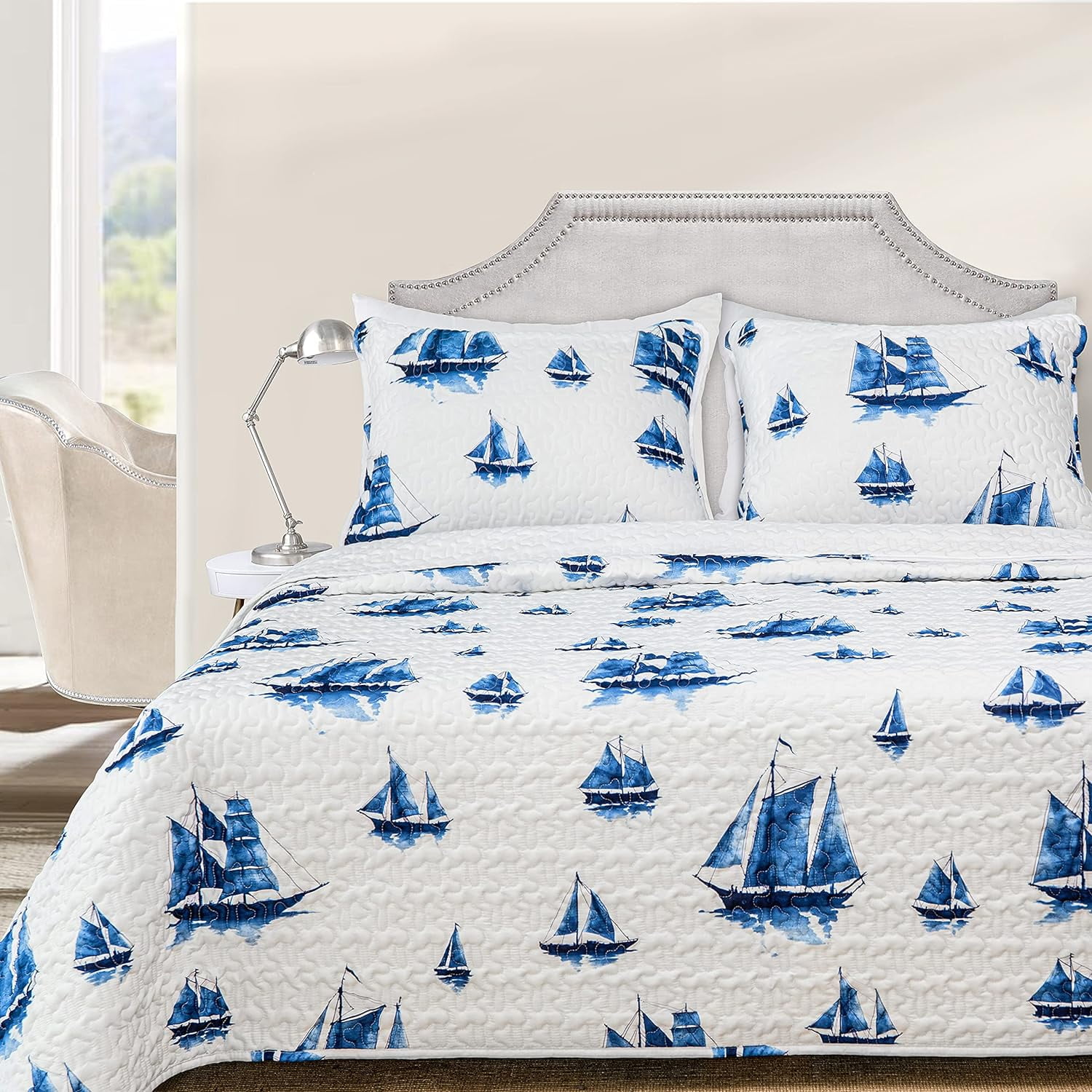 3 Piece Harbor Quilt Set Bedspreads Coverlets Sailboat Ocean Printed Pattern Cover Prewashed