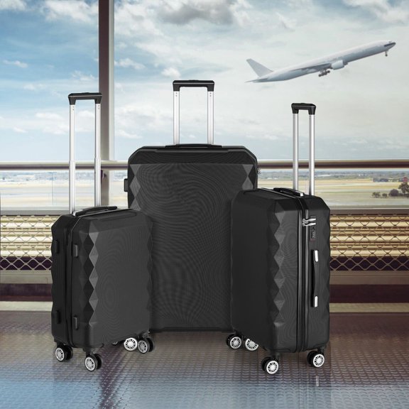 3 Piece Hard Shell Luggage Set Luggage Travel Set, Black, Customs Lock
