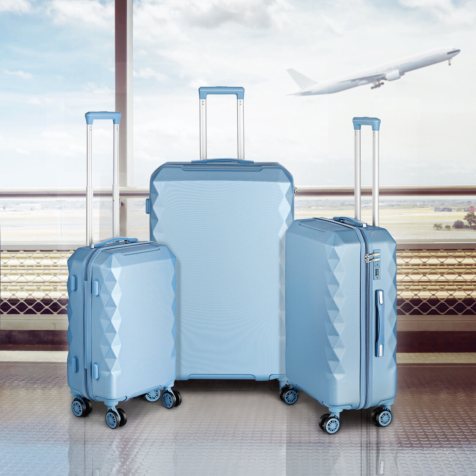 3Piece Hard Shell Luggage Set Luggage Travel Set, Silver Pink Blue