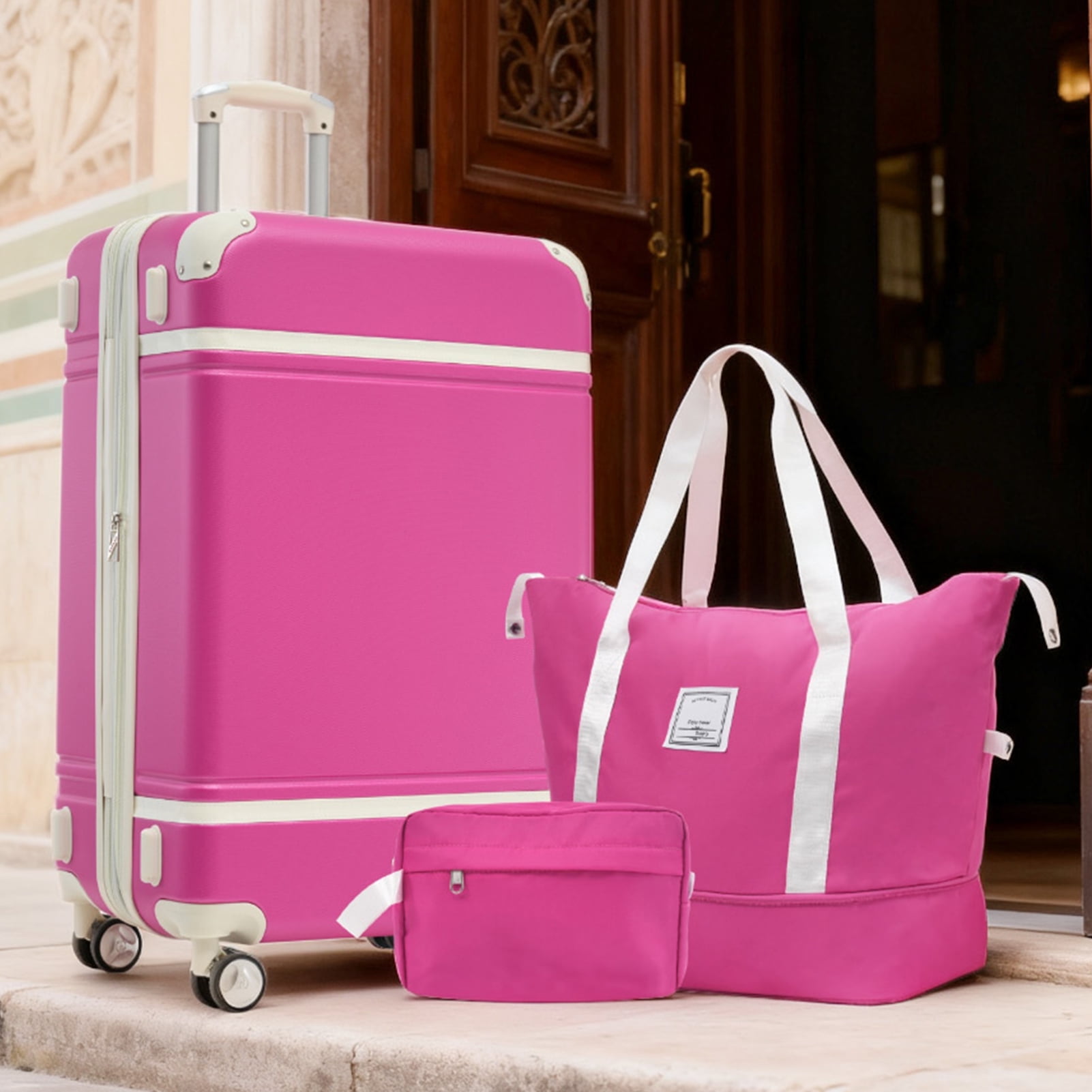 3-Piece Hardshell Luggage Set with Expandable Bag, 24-Inch Checked Suitcase with 360° Spinner Wheels & TSA Lock, Lightweight Travel Set, ,Pink ,Best Luggage Set