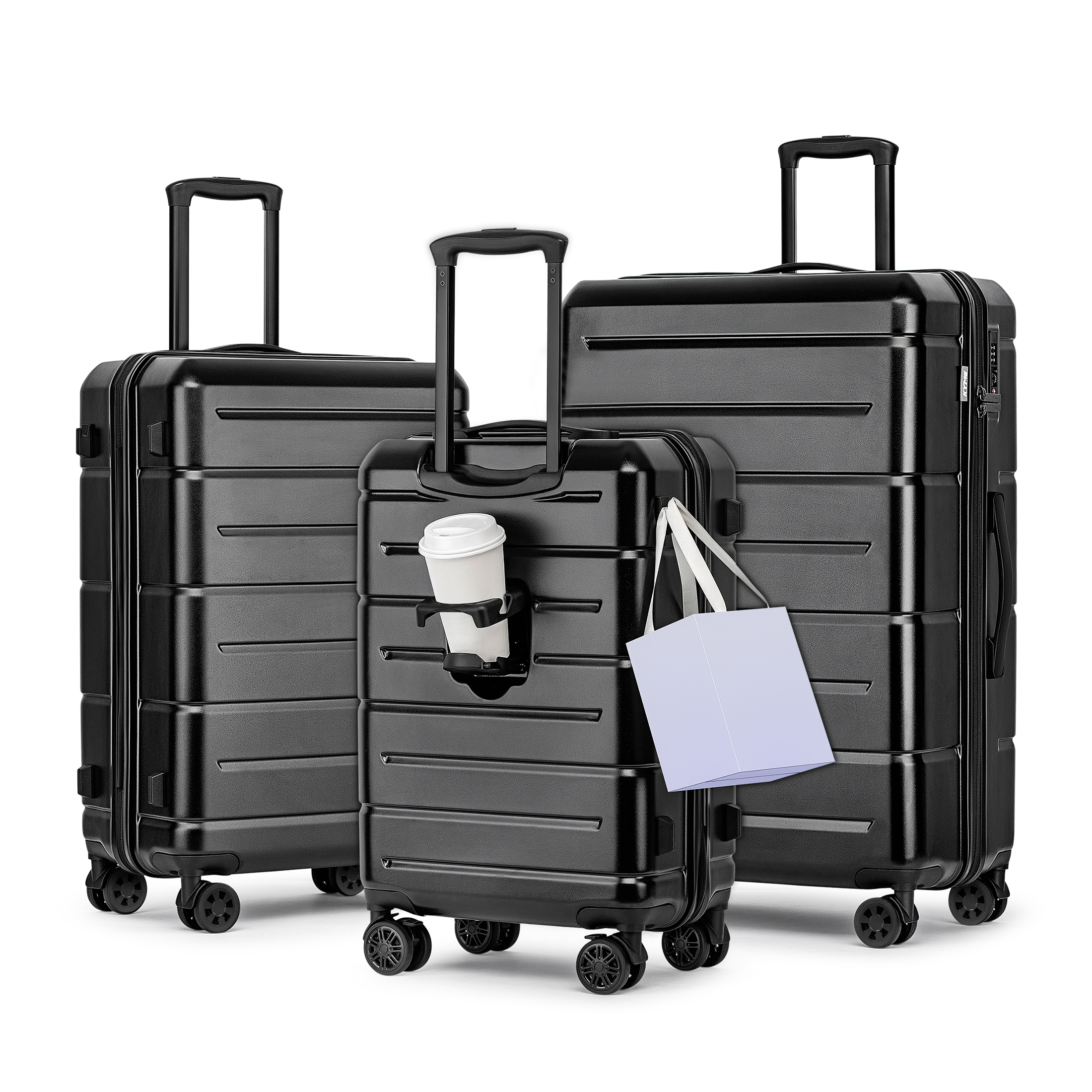 WEPLUS 3 Piece Hardside Carry On Luggage Sets TSA Lock Spinner Wheels 20"24"28" Suitcase with Cup Holder