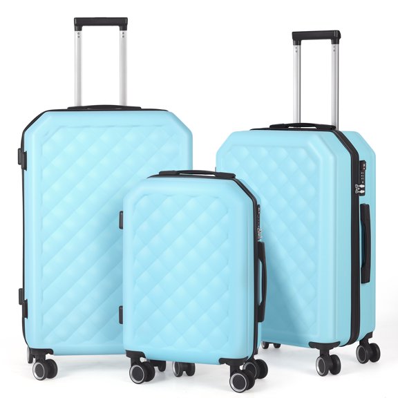 3-Piece Hardside Luggage Set, Diamond Quilted ABS Suitcase, 14/20/28 Inch Spinner Luggage with TSA Lock, Lightweight Rolling Travel Case, Light Blue