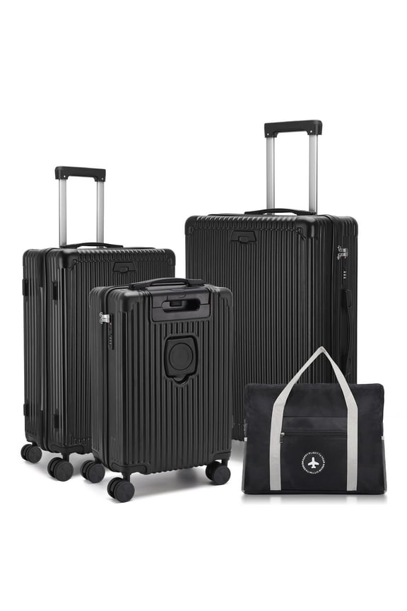 3 Piece Hardside Luggage Set, Hardshell Lightweight Suitcase with Duffel Bag, Double Spinner Wheels, USB Port, Cup Holder, TSA Lock ,Side Hook 20in24in28in.(Black)