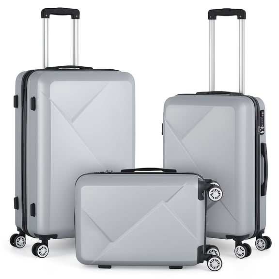 3-Piece Hardside Luggage Set, Modern Geometric Cut ABS Suitcase, 14/20/28 Inch Spinner Luggage with TSA Lock, Lightweight Rolling Travel Case, Silver